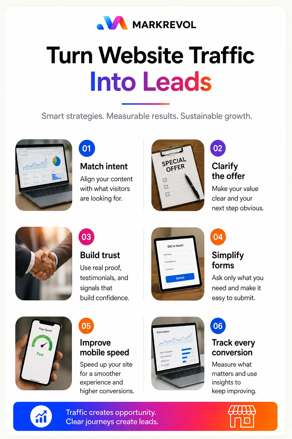 Infographic showing six ways to turn website traffic into leads